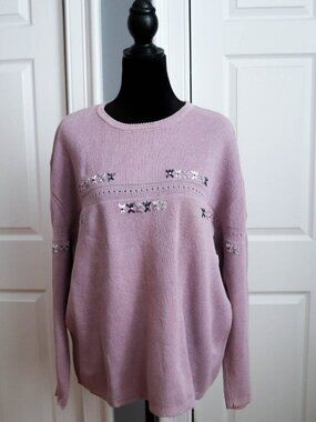 Vtg Northern Reflections Women's Sweater Lilac Purple Floral Ribbon Detail Sz XL